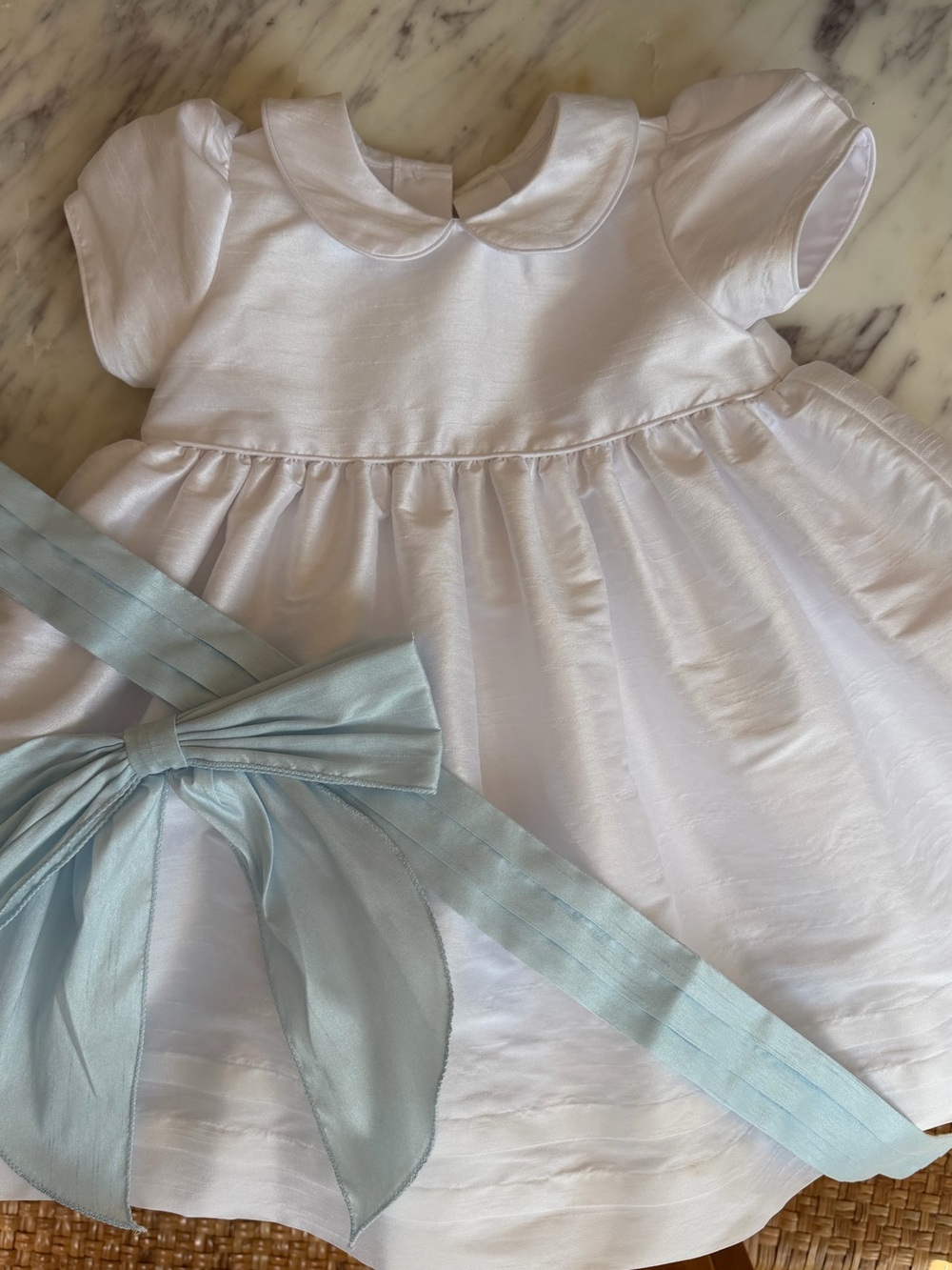 Little English White Peter Pan Collar Formal Dress ($92) with blue sash ($22)